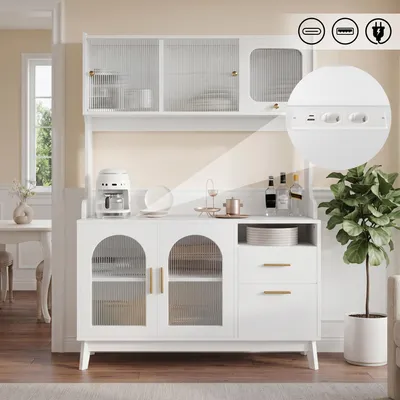 Produktbild von STILVORA Buffetschrank mit mehrstufigem Stauraum, Hochschrank mit Steckdose, Esszimmerschrank mit USB-C/USB-A-Anschlüssen, Weiß