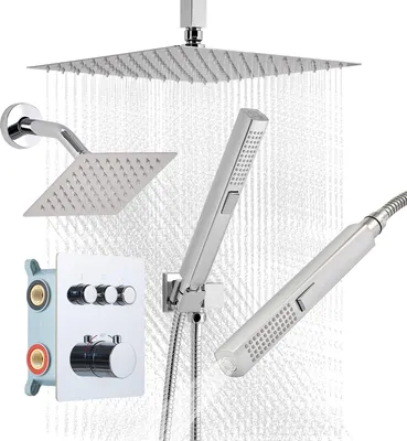 Produktbild von Duschsystem-Set - Regendusche - 30 cm Kopfbrause - 15 cm Wandduschkopf - 2-in-1 Handbrause - 3 Strahlarten - Thermostat-Messingventil - Drehbar - Chrom