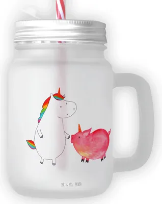 Produktbild von Mr. & Mrs. Panda Glas Einhorn Schwein - Transparent - Geschenk, mit deckel, Einhörner, Trinkglas, Strohhalm, Und, Schweinchen, Unicorn, Mason Jar, Freundin