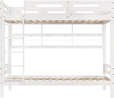 Produktbild von Etagenbett Kinderbett Ohne Matratze Weiss Mit Fallschutzgitter Offenes Regal Fuenfstufige Leiter 90x200cm Reichlich Stauraum Kiefer MDF Jugendbett