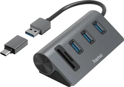 Produktbild von USB-Hub/Kartenleser, 5 Ports, 3x USB-A, SD, microSD, inkl. USB-C-Adapter (00200140)