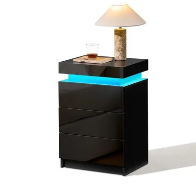 Produktbild von CLIPOP 3-Schubladen-Nachttisch aus Hochglanz mit LED-Lichtleiste,Schwarz