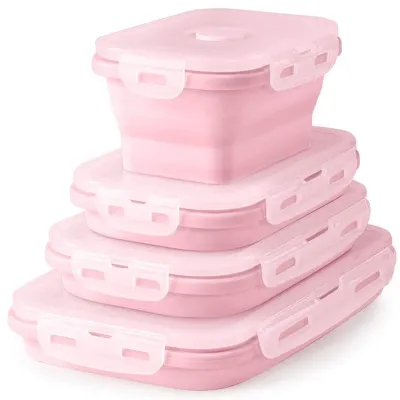 A stack of four pink collapsible food storage containers with white lids.