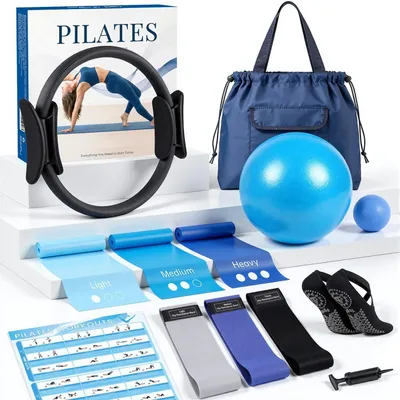Obrázek produktu pro Pilates sada s 13 kusy, včetně kruhu Magic Circle o průměru 30 cm, odporových gum a dalšího vybavení, ideální pro cvičení doma