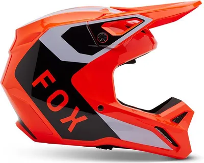 A side view of an orange and black FOX brand motocross helmet.