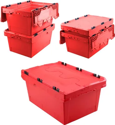 Produktbild von Set, 5x Mehrwegbehälter mit Klappdeckel, rot, verplompbar, LxBxH 600 x 400 x 200 mm, 29 Liter
