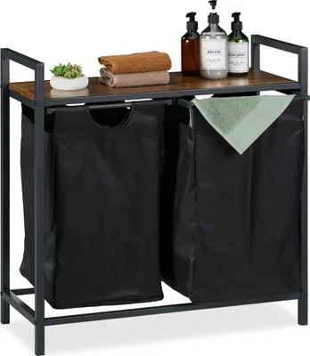 Image de Étagère à linge Relaxdays, dimensions : 72 x 73 x 33 cm, support à linge, 2 compartiments coulissants, panier à linge Industrial, noir/marron