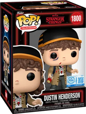 A Funko Pop! vinyl figure of Dustin Henderson from Stranger Things, displayed in its original packaging.