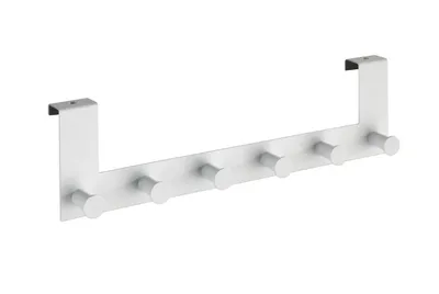 A white over-the-door hook rack with six hooks.