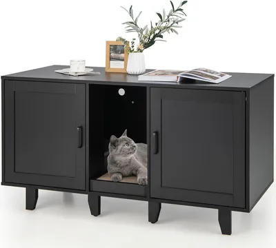 Produktbild von GOPLUS 3 in 1 Katzenschrank, Katzentoilette mit 2 Türen & abnehmbaren Beinen & herausnehmbarem Kratzbrett, Beistelltisch für 2 Katzen (Schwarz)