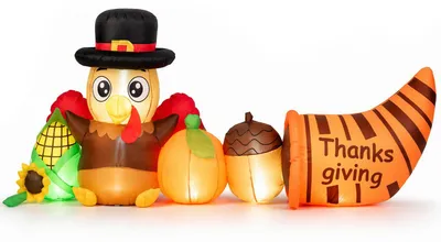 Imagen del producto de Pavo inflable de COSTWAY, 111 cm de alto, con iluminación LED. Decoración para el Día de Acción de Gracias que incluye calabaza, piñas, cuerno de la abundancia, maíz y flores