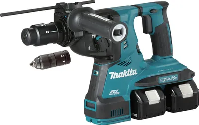 A cordless rotary hammer drill with two batteries attached.