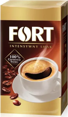 A product shot of a coffee package with a cup of coffee and coffee beans.