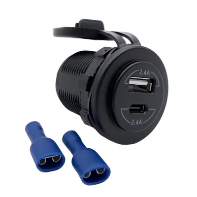 Imagen del producto de Enchufe USB para automóvil de Offgridtec con tapa abatible, 12V/24V, carga rápida (5V 2.4A, conector Type-A y Type-C) - Cargador resistente al agua (IP65) para montaje en panel, ideal para automóviles