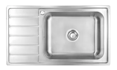 A top-down view of a stainless steel kitchen sink with a drainboard on the left and a single basin on the right.