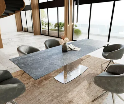 Produktbild von DELIFE Esstisch Edge 200-300x100 Keramik Laminam®Nero Greco Anthrazit Wave Edelstahl ausziehbar