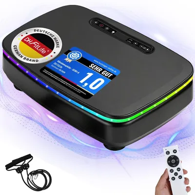 Produktbild von DH FitLife Vibrationsplatte für Zuhause, 0–99 Stufen, 9 Auto-Programme, leise mit Saugnäpfen, Bluetooth Lautsprecher, inkl. Zugbänder, 150kg