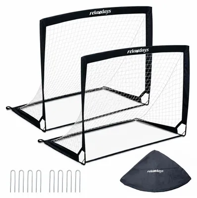 Produktbild von Relaxdays Fußballtor, 2er Set, HxBxT: 90 x 120 x 90 cm, faltbar, mit Erdhaken & Tragetasche, Kindertor Garten, schwarz