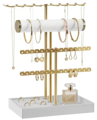 Produktbild von Schmuckhalter Schmuckständer Schmuckregal - 4 Ebenen - Gold - Weißes Samttablett - Für Ketten und Ohrringe