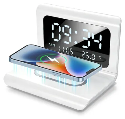4-in-1 Digitalwecker mit Qi-Ladestation, LED-Display, Temperatur