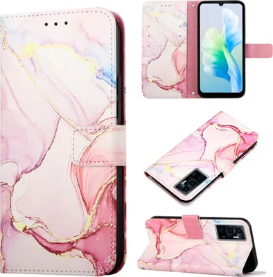 Produktbild von VIVO S10E 5G Hülle, Marmor Motiv Kunstleder Tasche Wallet Kartenfächer mit Standfunktion Klapp Schutzhülle für VIVO S10E 5G / V23E 4 5G / Y75 4G Pink Weiß