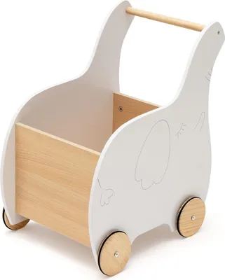 Produktbild von 2 in 1 Lauflernwagen aus Holz, Lauflernhilfe mit Stauraum, Spielzeugkiste, Gehhilfe, Gehfrei, Baby Push Pull Wagen Spielzeug, Laufwagen für Babys, Jungs und Mädchen (Weiß - Elefant)
