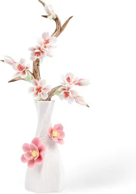 Produktbild von Kunsthandwerkliche Porzellan-Blumenbecher in Rosé- und Weiß, künstliche Blumen, Wohnzimmereinrichtung.