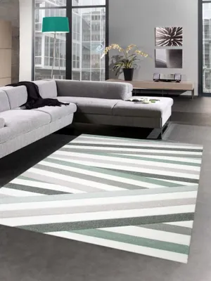 Zdjęcie produktu dla Nowoczesny dywan z krótkim włosiem do salonu w konturowe pasy pastelowy zielony brązowy kremowy rozmiar - 80 x 300 cm