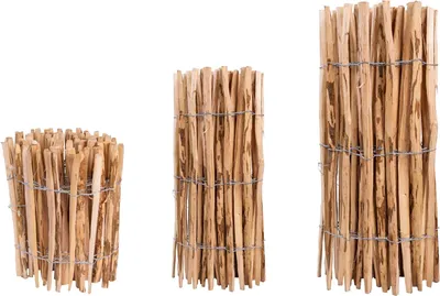 Three different sized bundles of wooden stakes tied together with wire, presented against a white background.