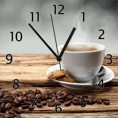 Produktbild von Wallario Design Wanduhr Heiße Tasse Kaffee mit Kaffeebohnen aus Echtglas, Größe 30 x 30 cm