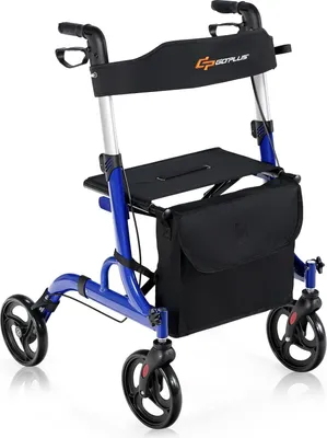 Produktbild von GOPLUS Rollator faltbar, höhenverstellbare Gehhilfe inkl. Griffe & Sitz mit Rückengurt, Laufhilfe mit Rädern, Tasche & Stockhalter, Gehwagen (Blau)