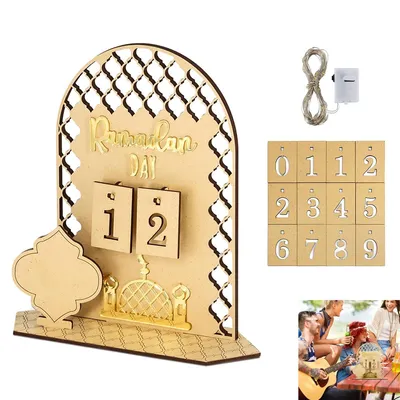 Produktbild von Ramadankalender mit LED-Lichterkette ,Holz-DIY 30-Tage Countdown, Eid Mubarak Dekoration, Islamisches Ornament, ideal für Wohnzimmer & Tisch