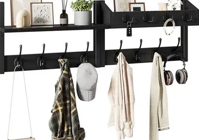 Produktbild von 4-in-1 Wandhalter mit Holzplatte, Schlüsselhaken für Flur, Schlafzimmer, Wohnzimmer, Schwarz