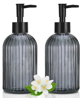 Produktbild von 2-teiliges Seifenspender-Set aus Glas, schwarz, 400 ml, wiederverwendbarer Spülmittelspender, Handseifenspender, Flüssigseifenspender, Glaspumpenspender, Spülmittelspender-Set für Bad, Küche, Arbeitsplatte.