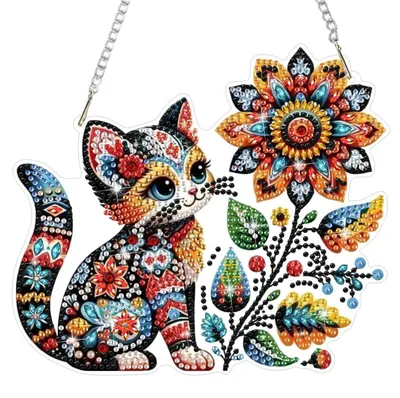 Produktbild von 5D DIY Diamant Malerei Anhänger Katze Blumen Tiere Fensterbild Wanddekor