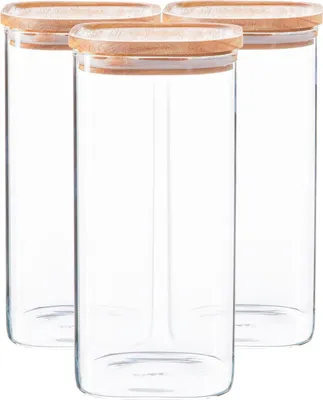 Produktbild von Quadratische Vorratsgläser aus Glas mit Holzdeckel – 1,5 Liter – 3er-Pack