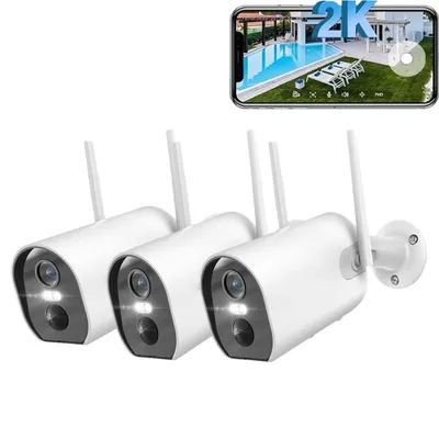 Image de 3PCS Caméra de surveillance extérieure WLAN 3MP, détection de personnes/véhicules, vision nocturne couleur, audio 2 voies