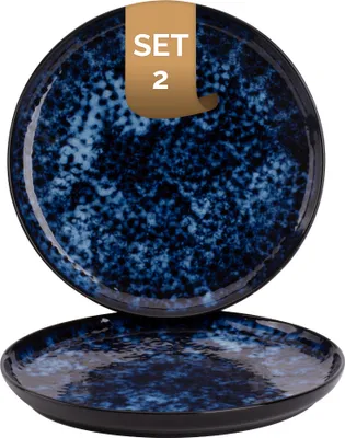 Produktbild von 2 x palmer Bama Blue Teller flach im Set, Steingut, Ø  27 cm, auß, blau schwarz gesprenkelt, Hochglanz, moderne Ausstrahlung, für Pizza, Menü oder als Tortenplatte, stapelbar, spülmaschinenfest
