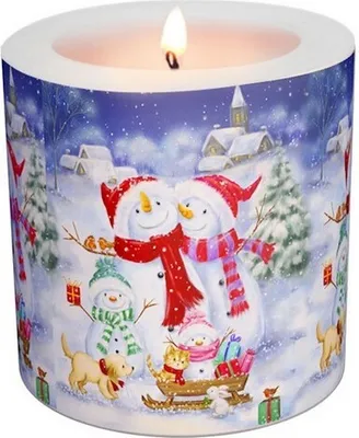 Produktbild von Kerze rund Snowmen Family with Pets - Familie Schneemann mit Tiere  Ø 8cm, Höhe 7,5cm