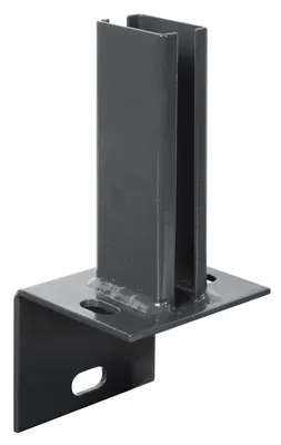 A dark gray metal fence post holder is shown against a white background.