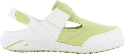 A single white and green sandal is shown against a white background.