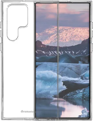 A transparent phone case with a landscape image on the phone screen.