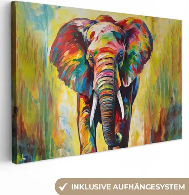 Produktbild von OneMillionCanvasses® - Leinwandbilder - 140x90 cm, Elefant - Kunst - Malerei - Tiere - Regenbogen, Wandbilder Kunstdruck Wanddekoration - Foto auf Leinwand - Gemälde auf Holzrahmen
