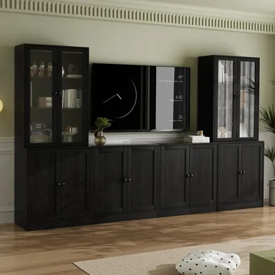 Produktbild von TV-Schrank mit Bücherregalen 280 cm Schwarz für Fernseher bis 70 Zoll mit Glastüren