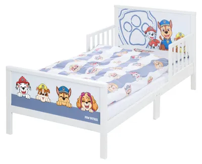Immagine prodotto di Letto per bambini Paw Patrol, 70 x 140 cm, completo di lenzuola e rete a doghe. Letto per neonati e bambini piccoli, con design ispirato al metodo Montessori, realizzato in legno e con decorazioni a tema della serie animata Paw Patrol