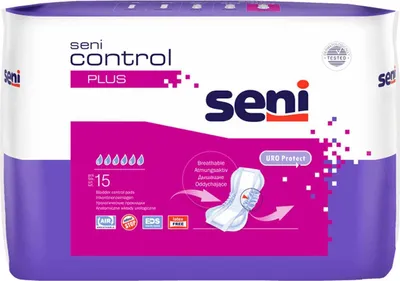 Packaging for Seni Control Plus bladder control pads.