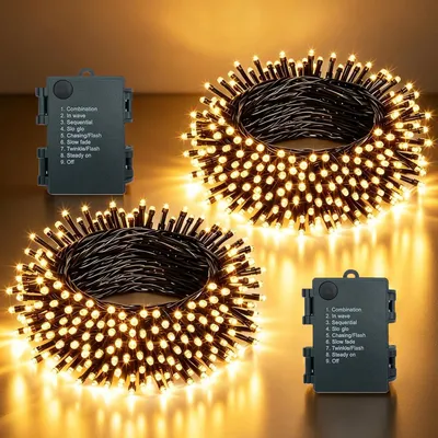 Obrázek produktu pro Světelný řetěz, 5 metrů - 2 kusy, 50 LED diod - napájení na baterie - stupeň krytí IP44 (vodotěsný) - 8 režimů - teplá bílá barva - vánoční dekorace