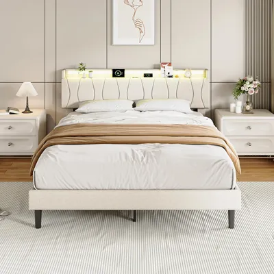 Produktbild von REMZETTA Polsterbett 140x200 cm Doppelbett mit RGB-LED, App-Steuerung, USB-C, 2 USB, Lattenrost, Beige, ohne Matratze