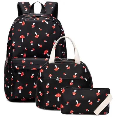 Immagine prodotto di Set di zaino per la scuola, 3 pezzi, per ragazze adolescenti, con motivo funghi, include una borsa per il pranzo e un astuccio