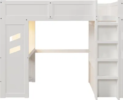 Produktbild von Hochbett mit Schreibtisch, Stauraum und LED-Beleuchtung, 90x200cm, Kinderbett mit Rausfallschutz und Leiter, Kiefer